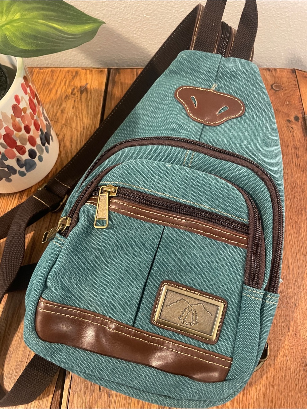 Prairie Schooner Teal Canvas Sling Bag – Brown Leather Trim – Crossbody